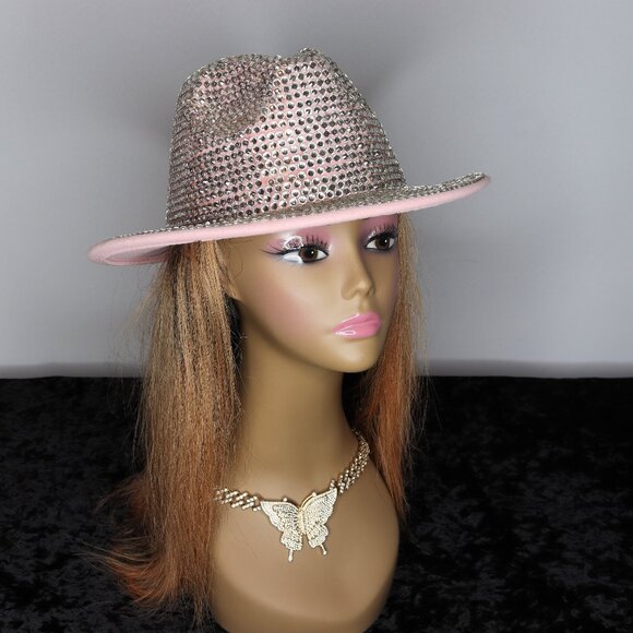 Accessories - Women's Rhinestone Embellished Fedora - Pink